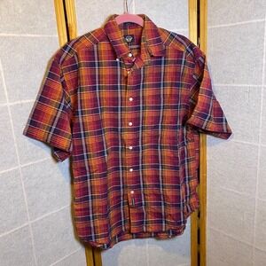 Dockers Mens Medium Short Sleeve Plaid Button Down Shirt Red Orange Cotton 90s